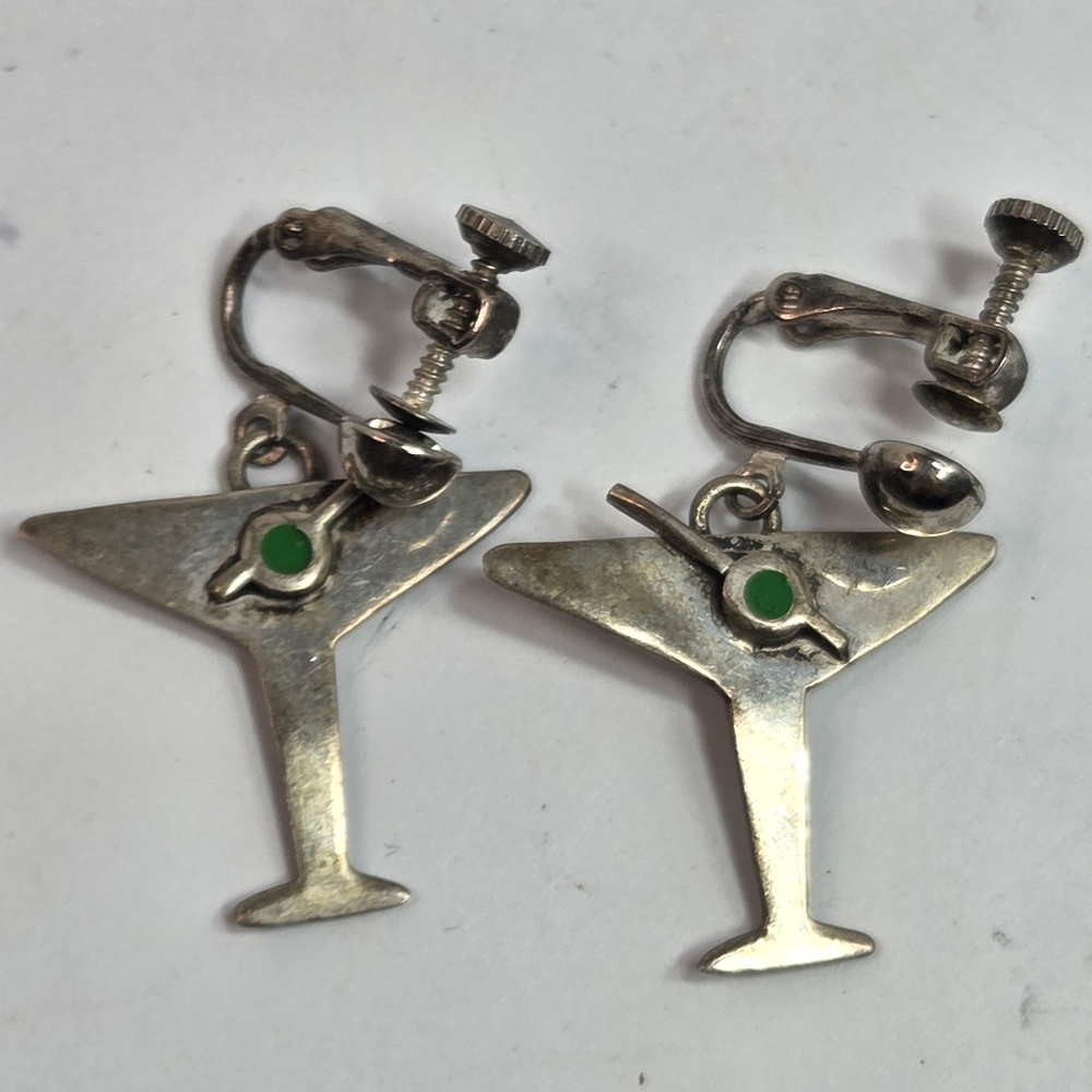 sterling silver martini screw back vintage earrings olive detail mex925 cocktail
